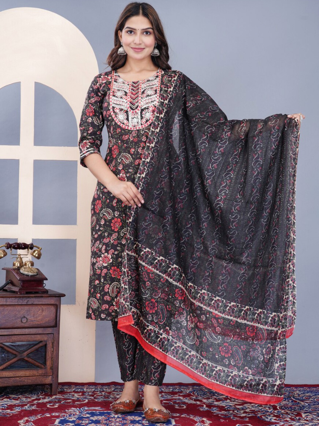 

KALINI Ethnic Motifs Printed Thread Work Kurta with Trousers & Dupatta, Black