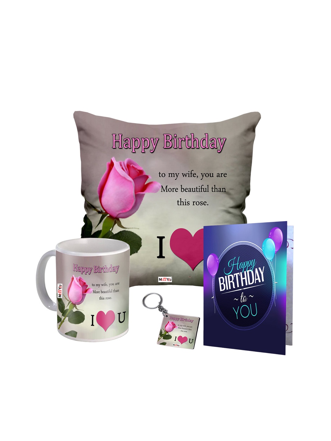 

ME & YOU 4Pcs Pink & Blue Printed Cushion Mug Card Keychain Gift Set