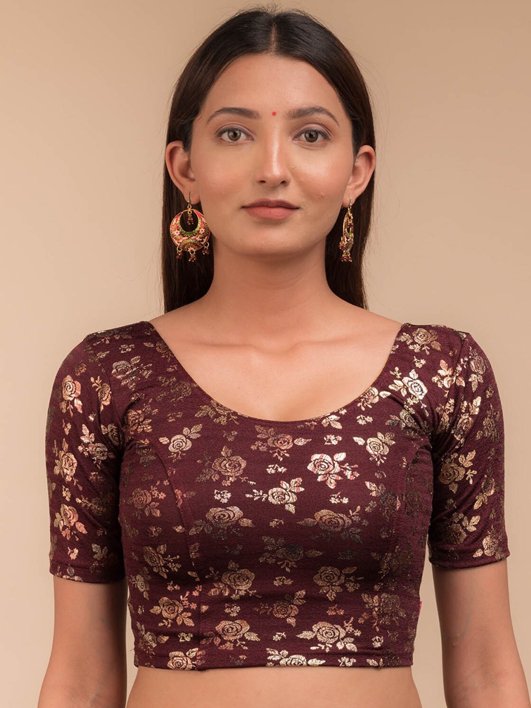 

Bindigasm's Advi Floral Foil Printed Jacquard Saree Blouse, Maroon