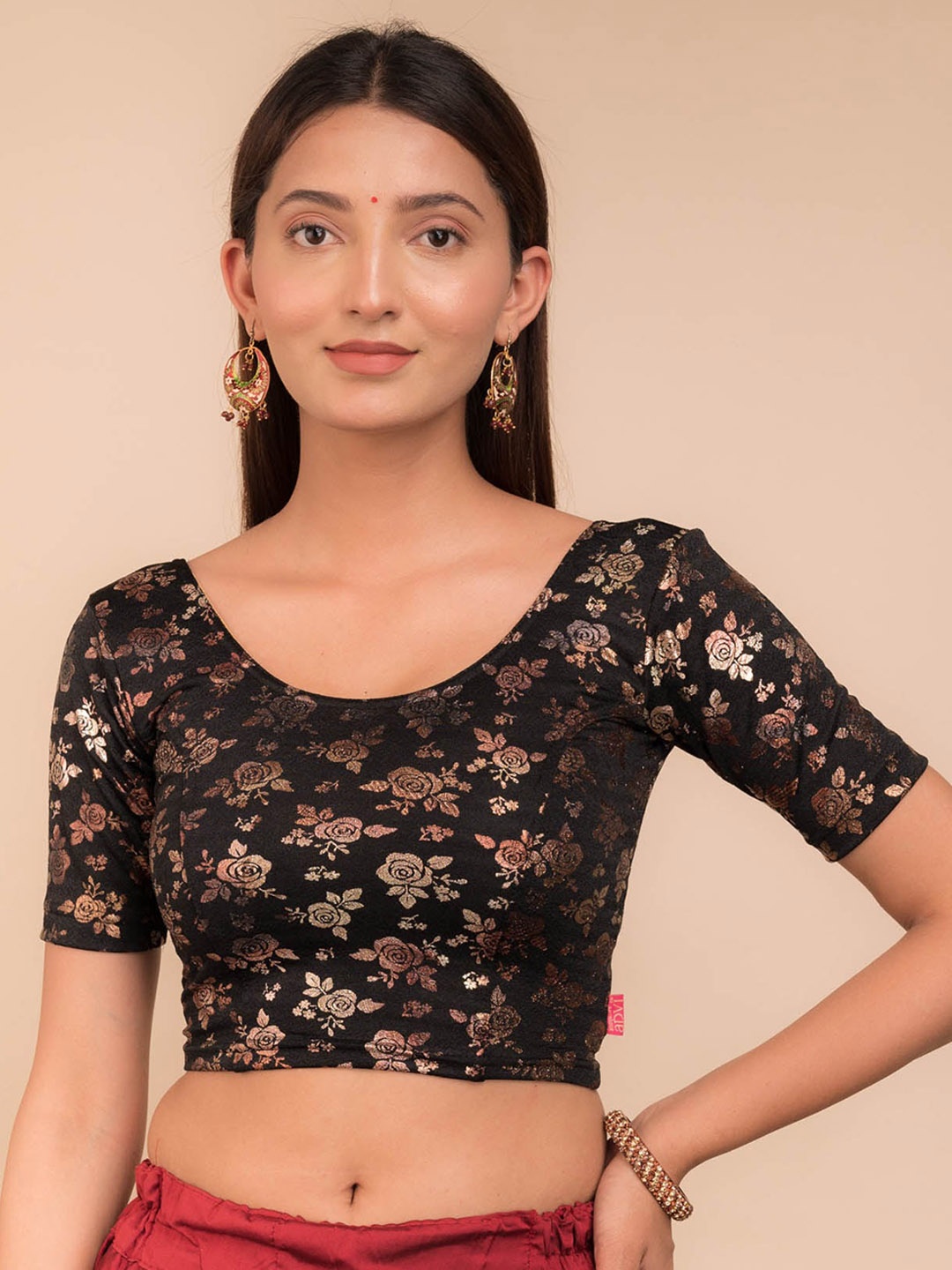 

Bindigasm's Advi Printed Saree Blouse, Black