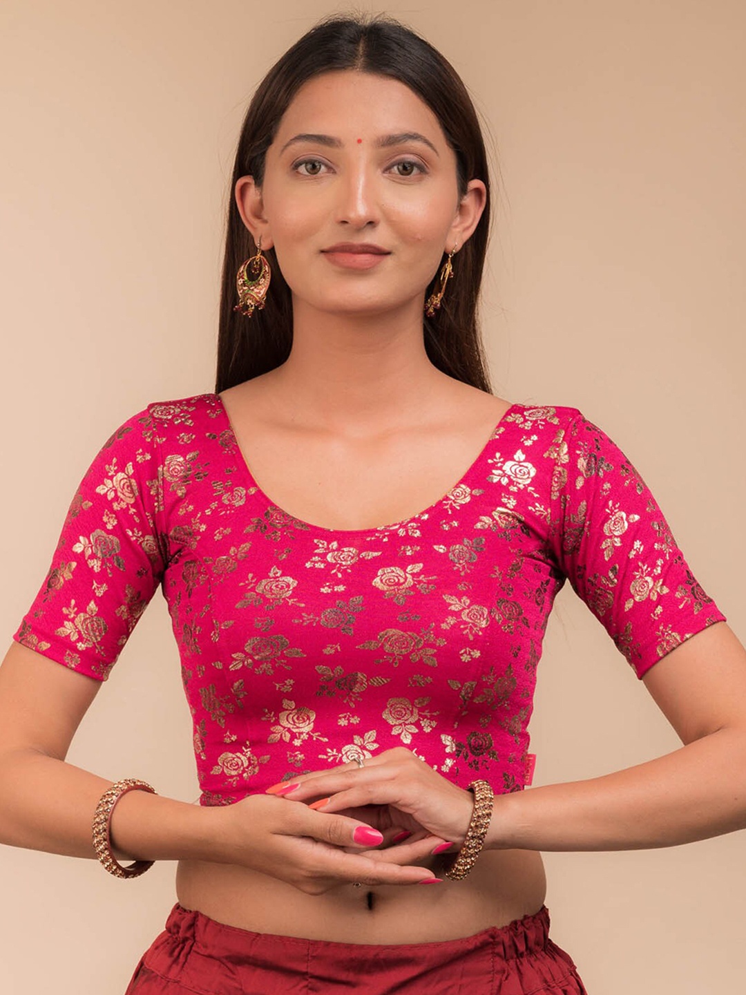 

Bindigasm's Advi Floral Foil Printed Jacquard Saree Blouse, Pink