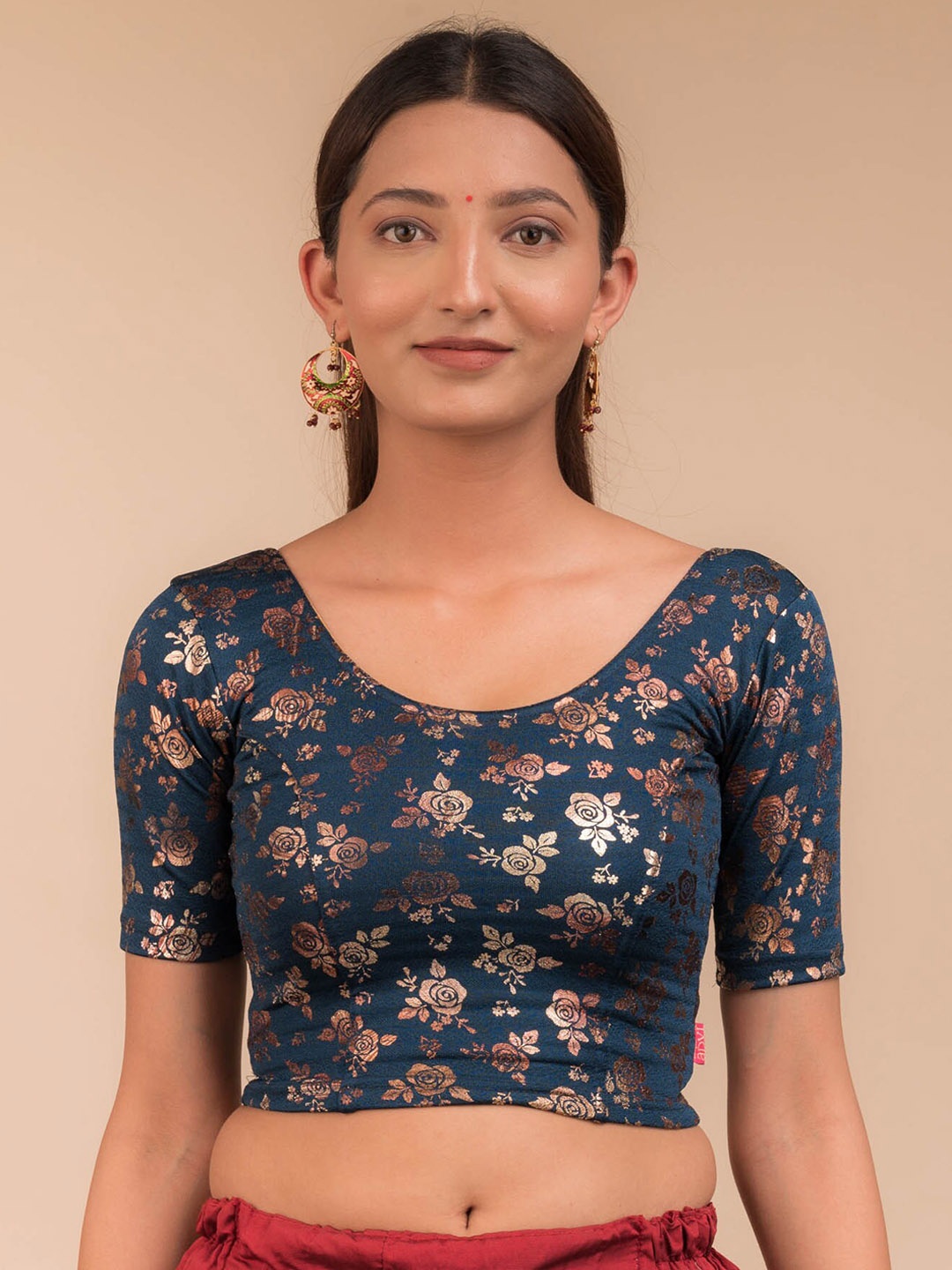 

Bindigasm's Advi Floral Printed Saree Blouse, Navy blue