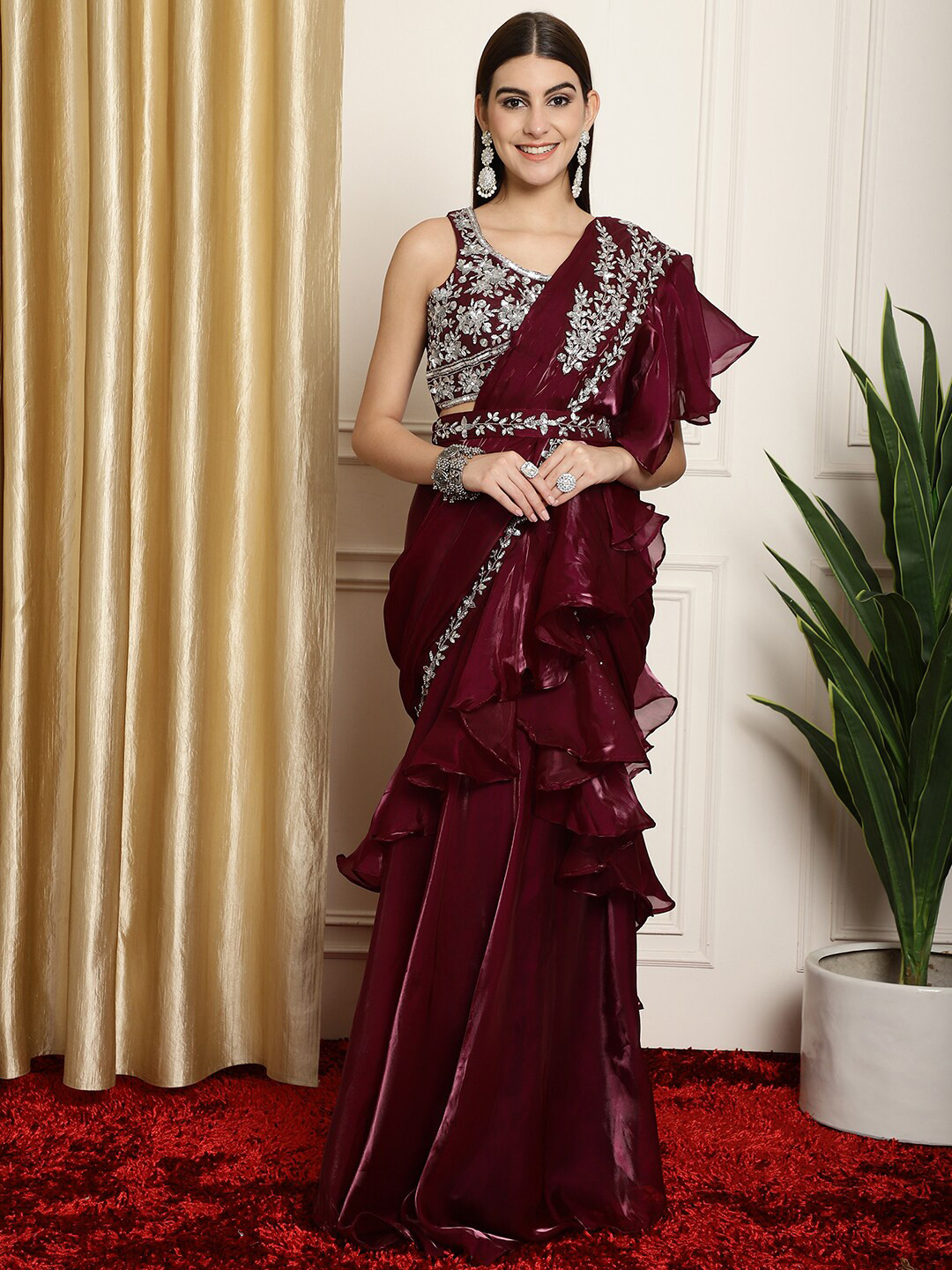 

Grancy Burgundy Leheriya Embroidered Ready to Wear Leheriya Saree
