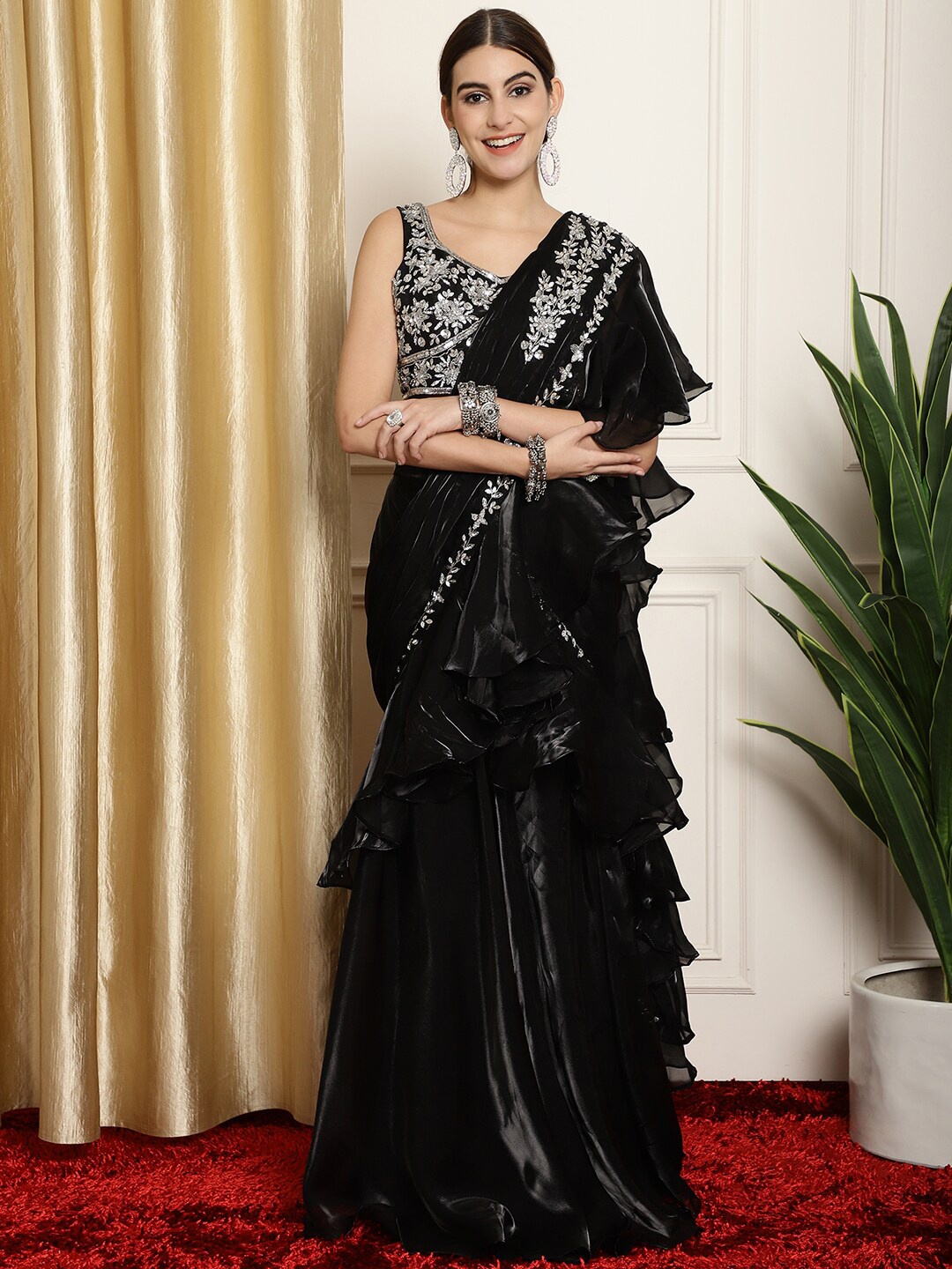 

Grancy Floral Embroidered Ready to Wear Saree With Stitched Blouse, Black