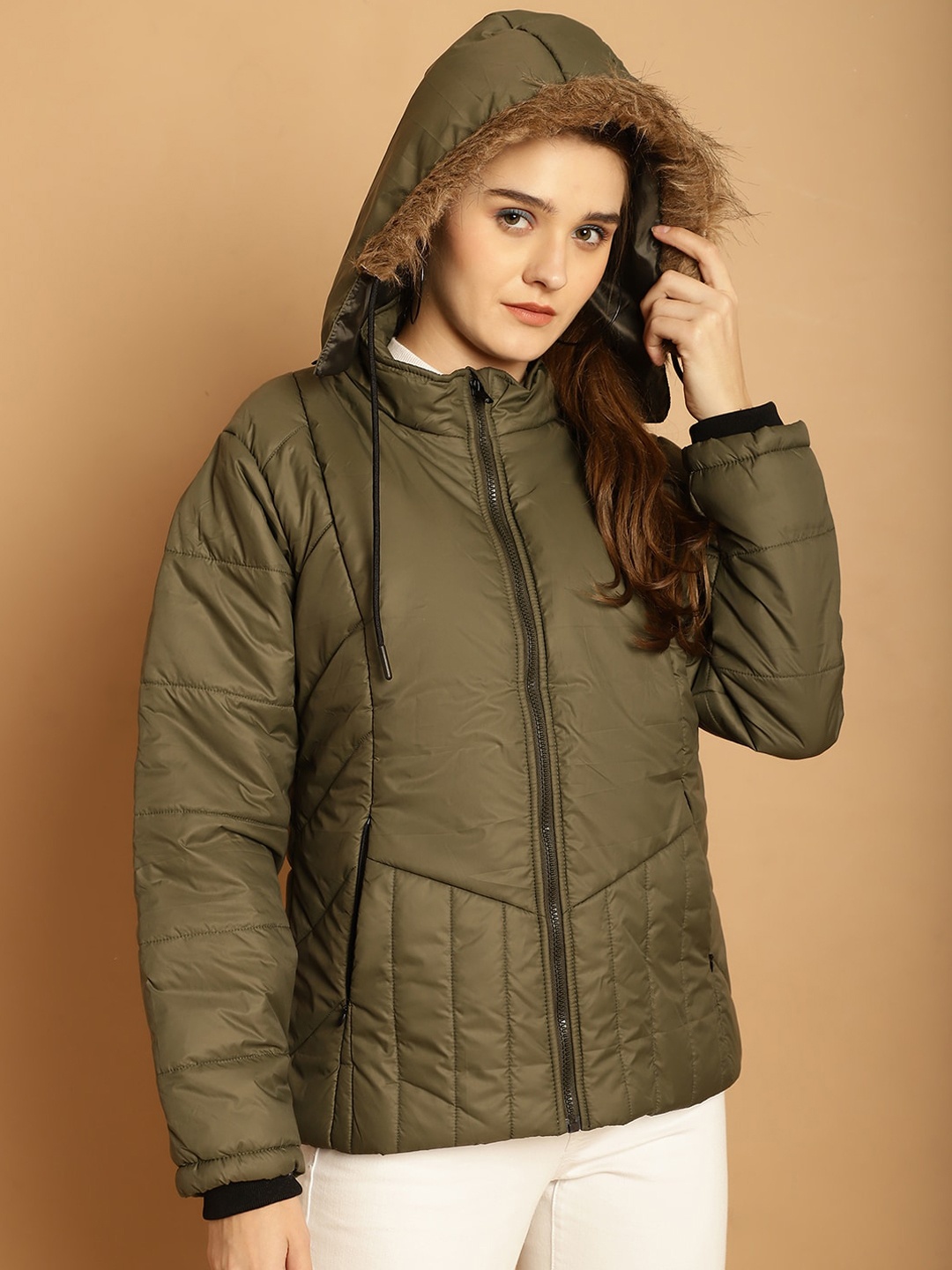 

WELL QUALITY Mock Collar Faux Fur Trim Lightweight Dri-FIT Padded Jacket, Olive