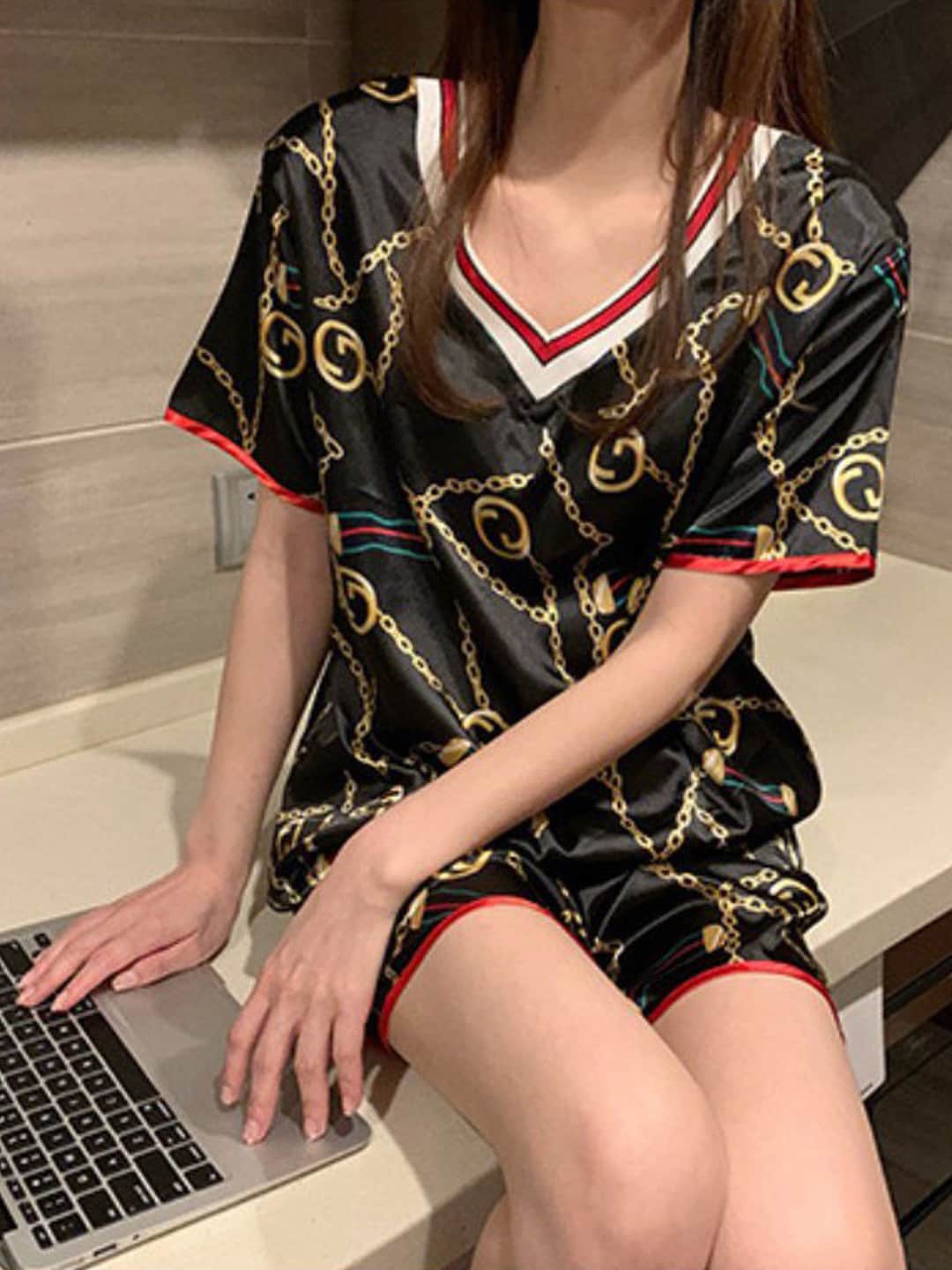 

Krelin Conversational Printed Satin Night Suit, Black