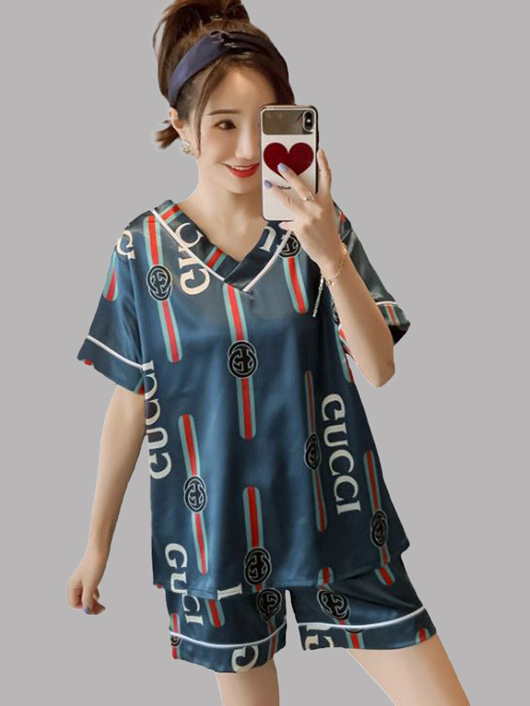 

Krelin Typography Printed Satin Night Suit, Navy blue