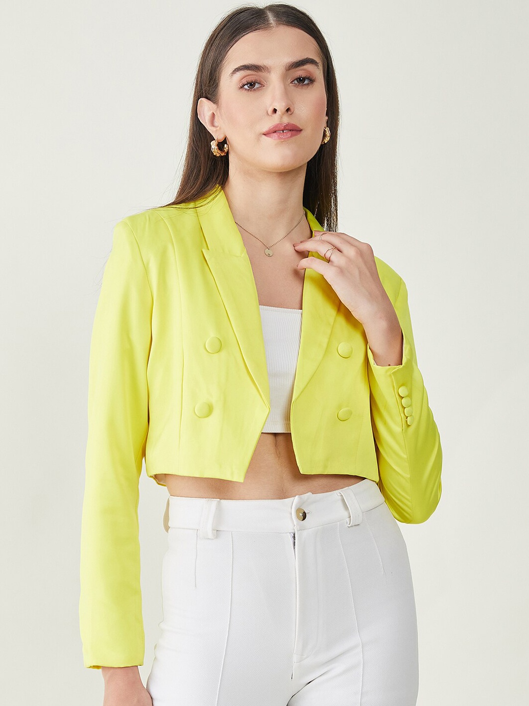 

JUNE & HARRY Open-Front Notched Lapel Crop Blazer, Yellow