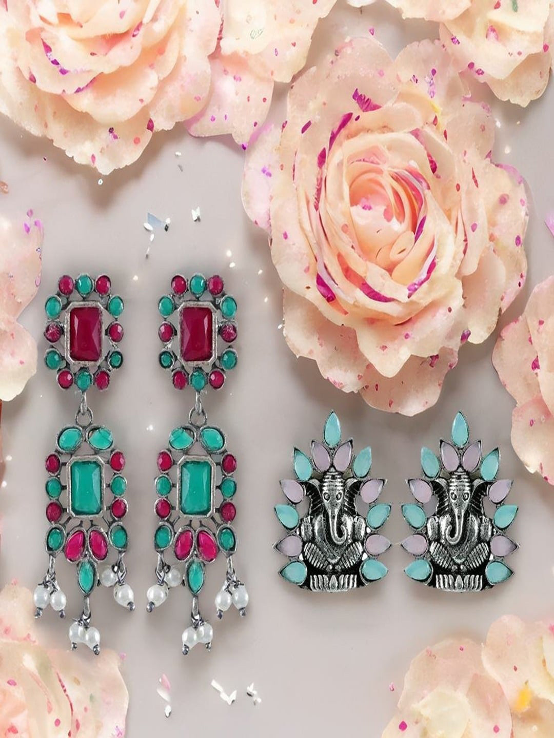 

UNIVERSITY TRENDZ Set Of 2 Silver-Plated Stones Studded Beads Beaded Classic Drop Earrings