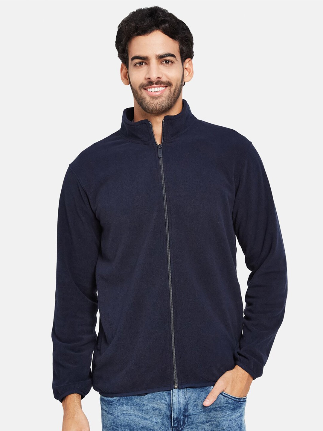 

Octave Mock Collar Long Sleeves Fleece Front-Open Sweatshirt, Navy blue