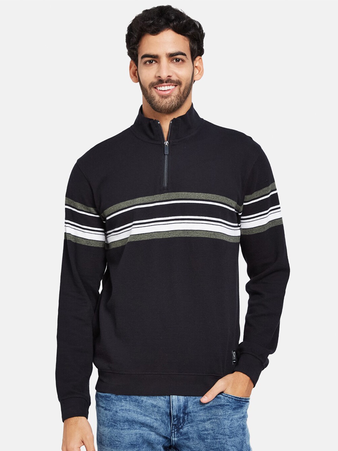 

Octave Striped Mock Collar Fleece Sweatshirt, Navy blue
