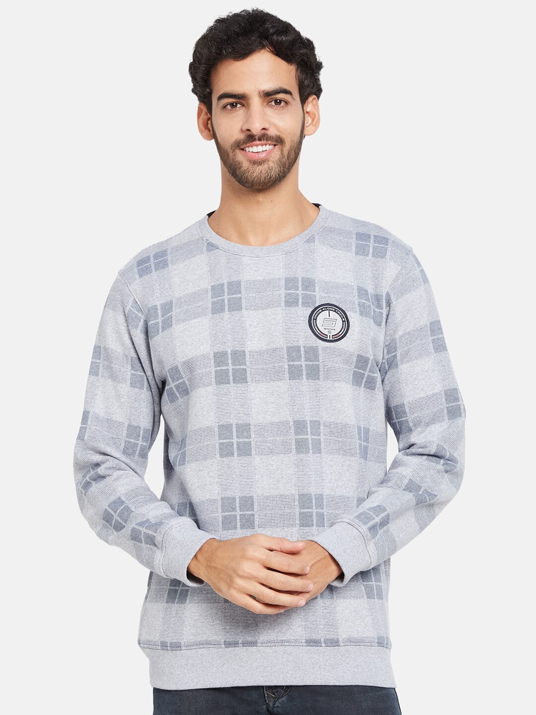 

Octave Round Neck Checked Fleece Pullover Sweatshirt, Grey