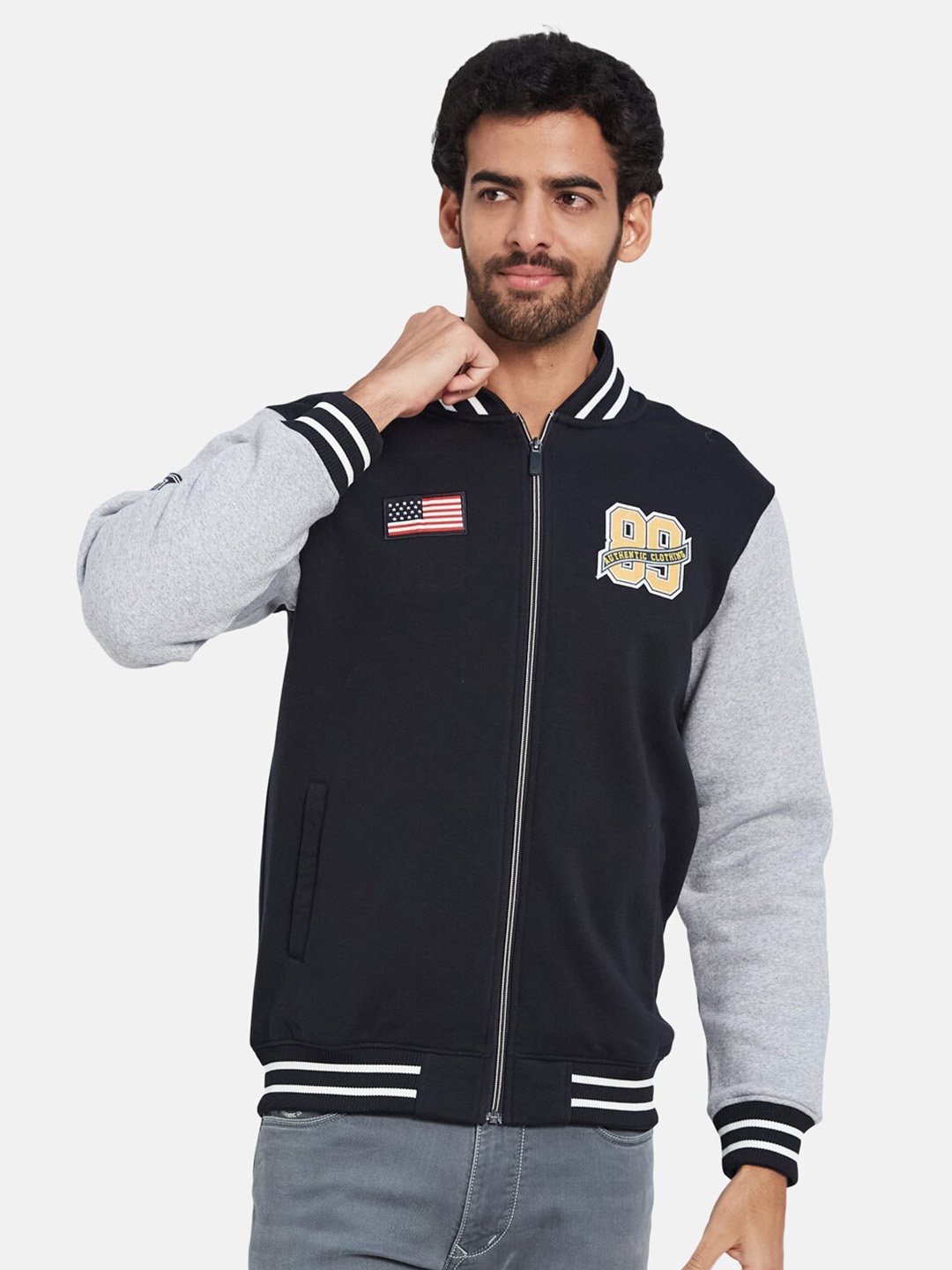 

Octave Colourblocked Stand Collar Fleece Varsity Jacket, Navy blue