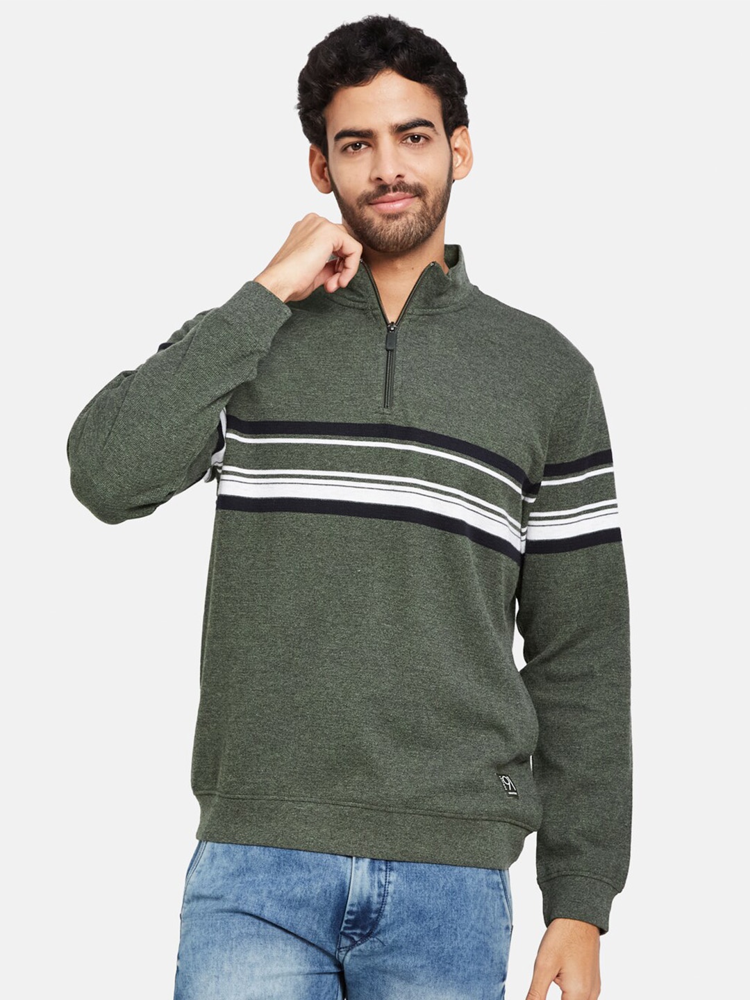 

Octave Mock Collar Striped Fleece Pullover Sweatshirt, Olive