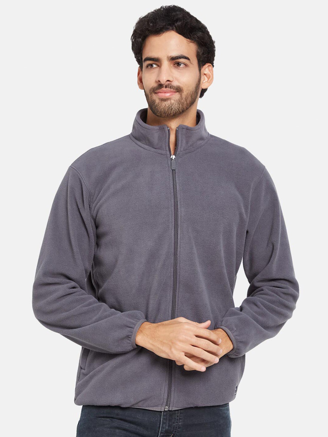 

Octave Mock Collar Fleece Front-Open Sweatshirt, Grey