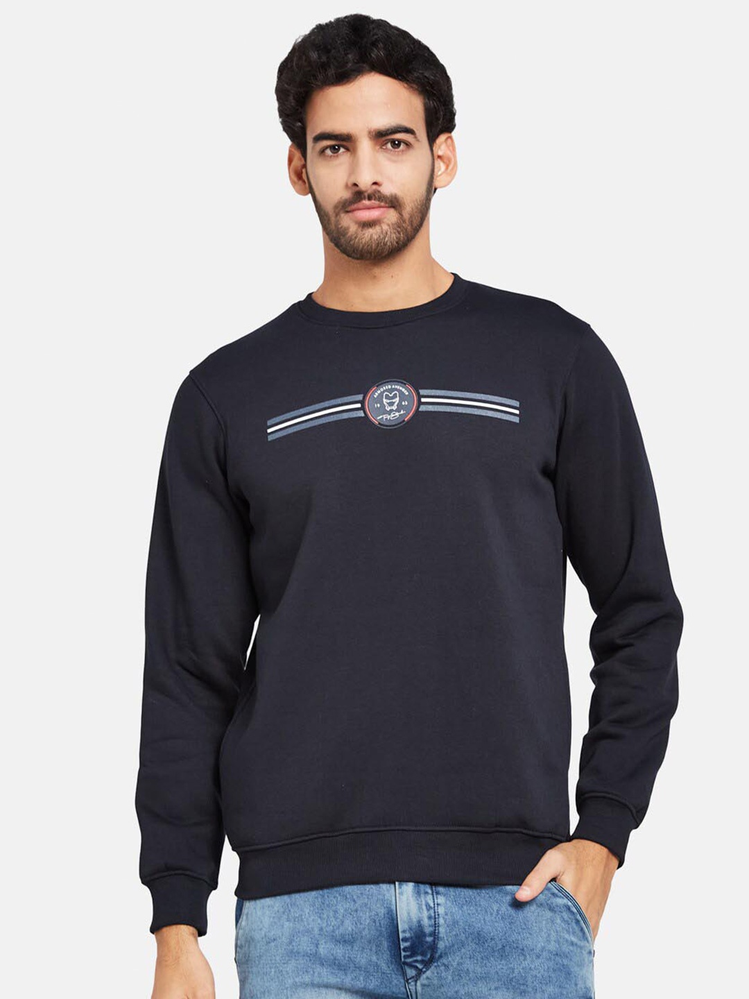 

Octave Iron Man Printed Round Neck Fleece Pullover, Navy blue