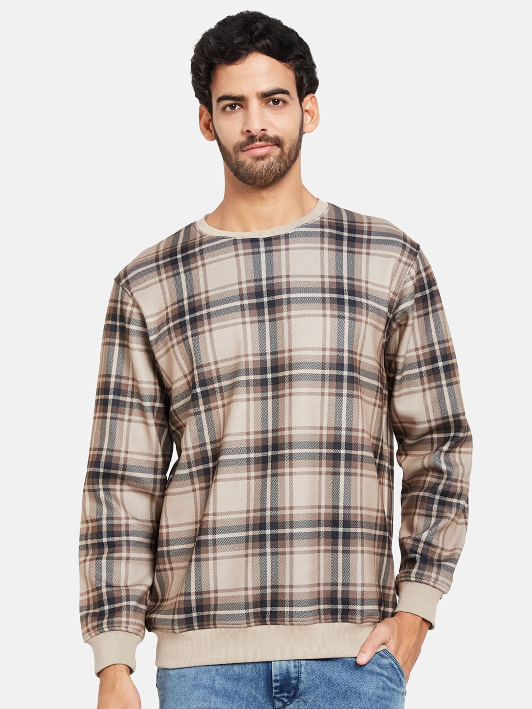 

Octave Checked Round Neck Fleece Pullover, Beige