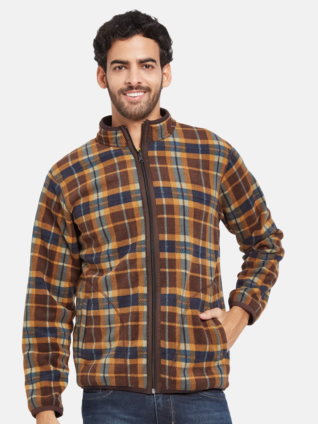 

Octave Checked Mock Collar Front-Open Sweatshirt, Brown
