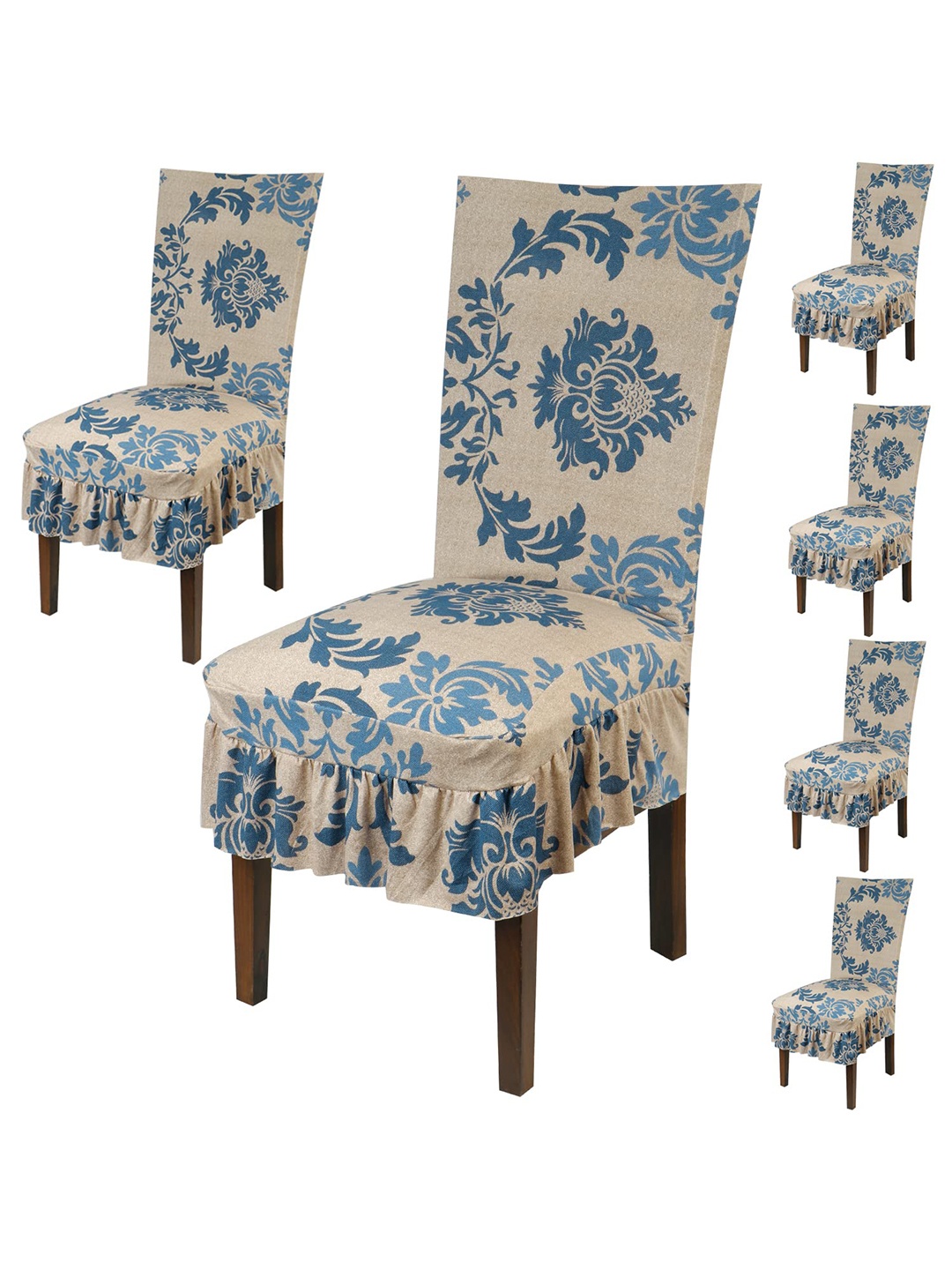 

HOKIPO Blue 6 Pieces Printed Frilled Stretchable Chair Table Covers