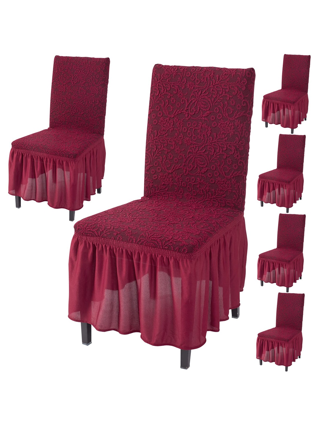 

HOKIPO Maroon 6 Pieces Floral Frill Stretchable Chair Covers