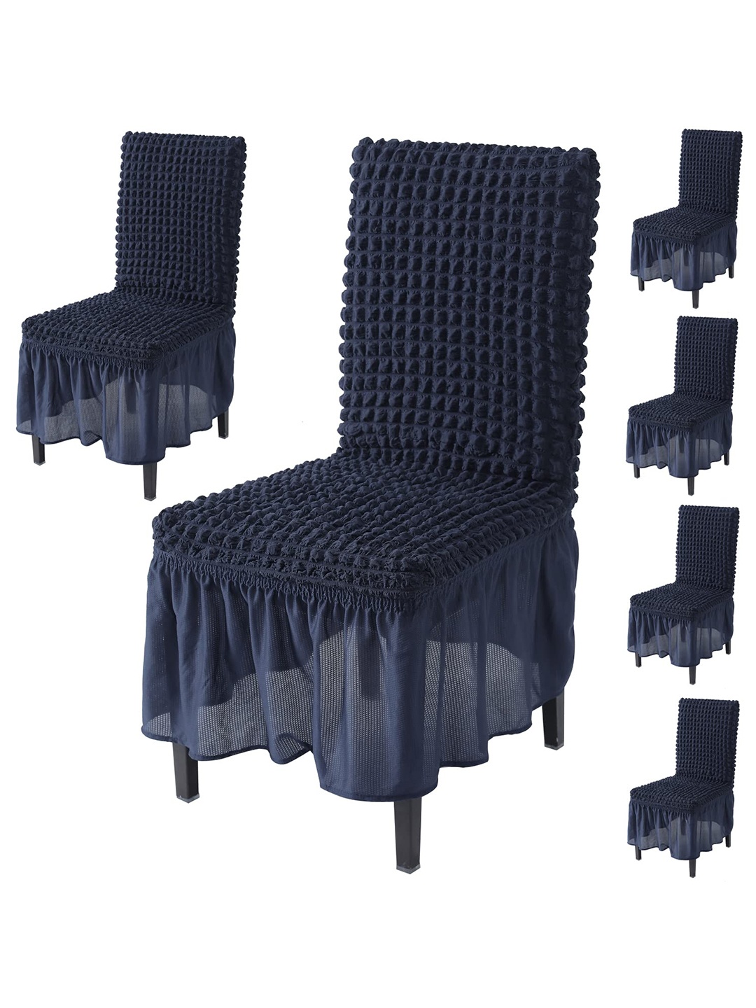 

HOKIPO Blue 6 Pieces Bubble Frill Stretchable Chair Covers, Navy blue