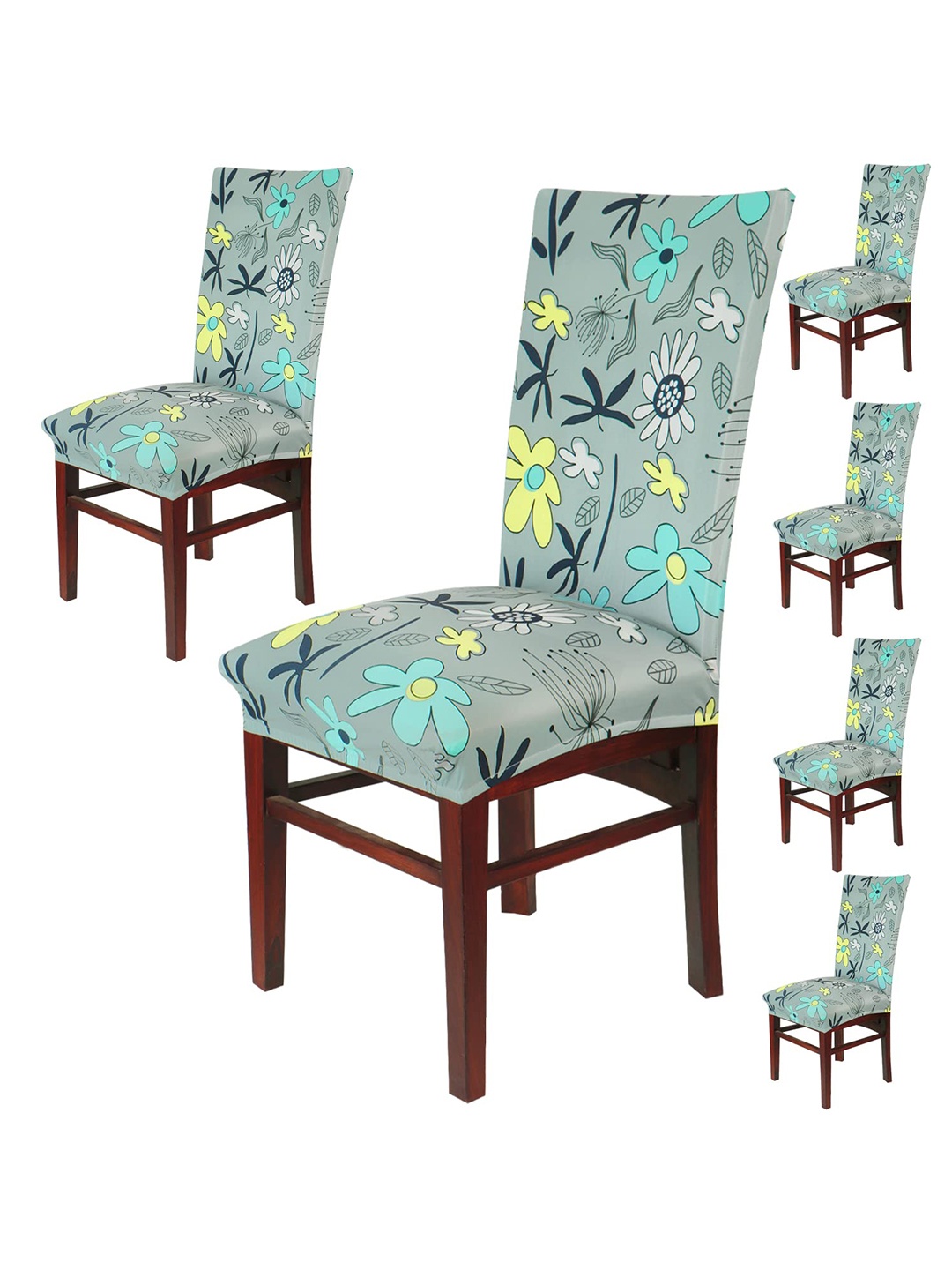 

HOKIPO Grey & Blue 6 Pieces Floral Printed Stretchable Elastic Chair Covers