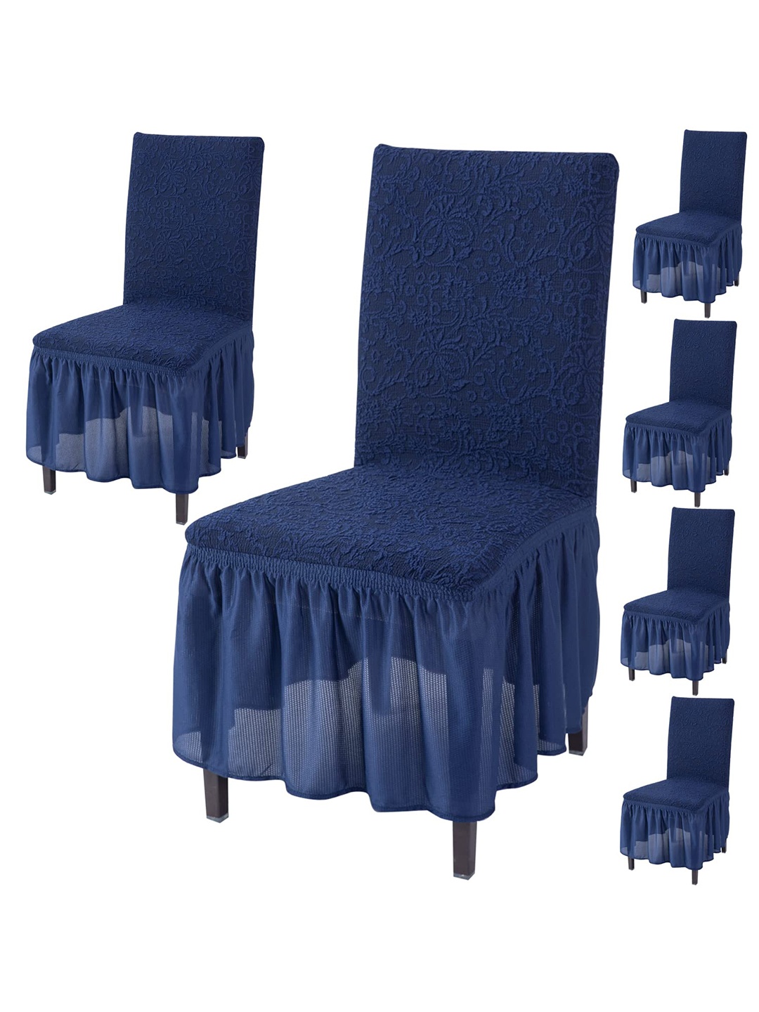 

HOKIPO Navy Blue 6 Pieces Floral Frill Stretchable Chair Covers