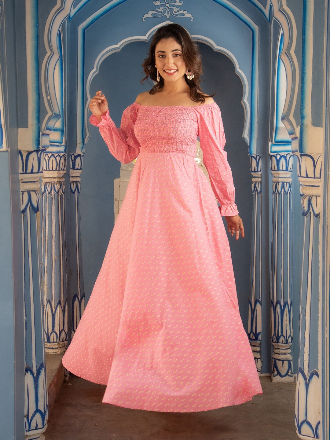 

The Kapas Floral Printed Off-Shoulder Puff Sleeve Tie Up Smocked Cotton Fit & Flare Dress, Pink