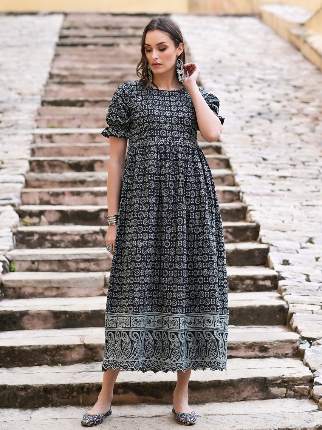 

The Kapas Embroidered Puff Sleeve Cotton Fit & Flare Midi Dress, Black