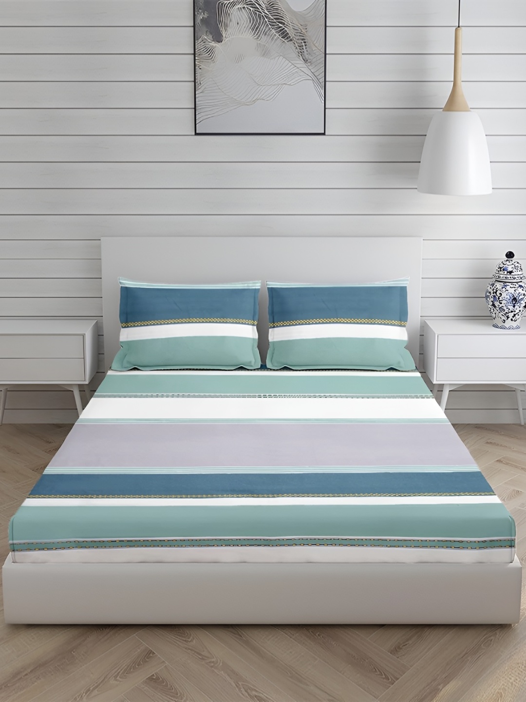 

CHHILAKIYA Green & White Striped 210 TC 130 GSM King Bedsheet with 2 Pillow Covers