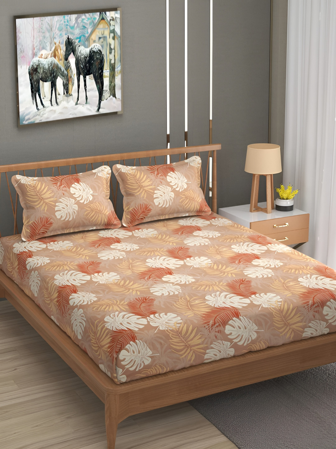 

CHHILAKIYA Beige & White Floral 210 TC 130 GSM King Bedsheet with 2 Pillow Covers