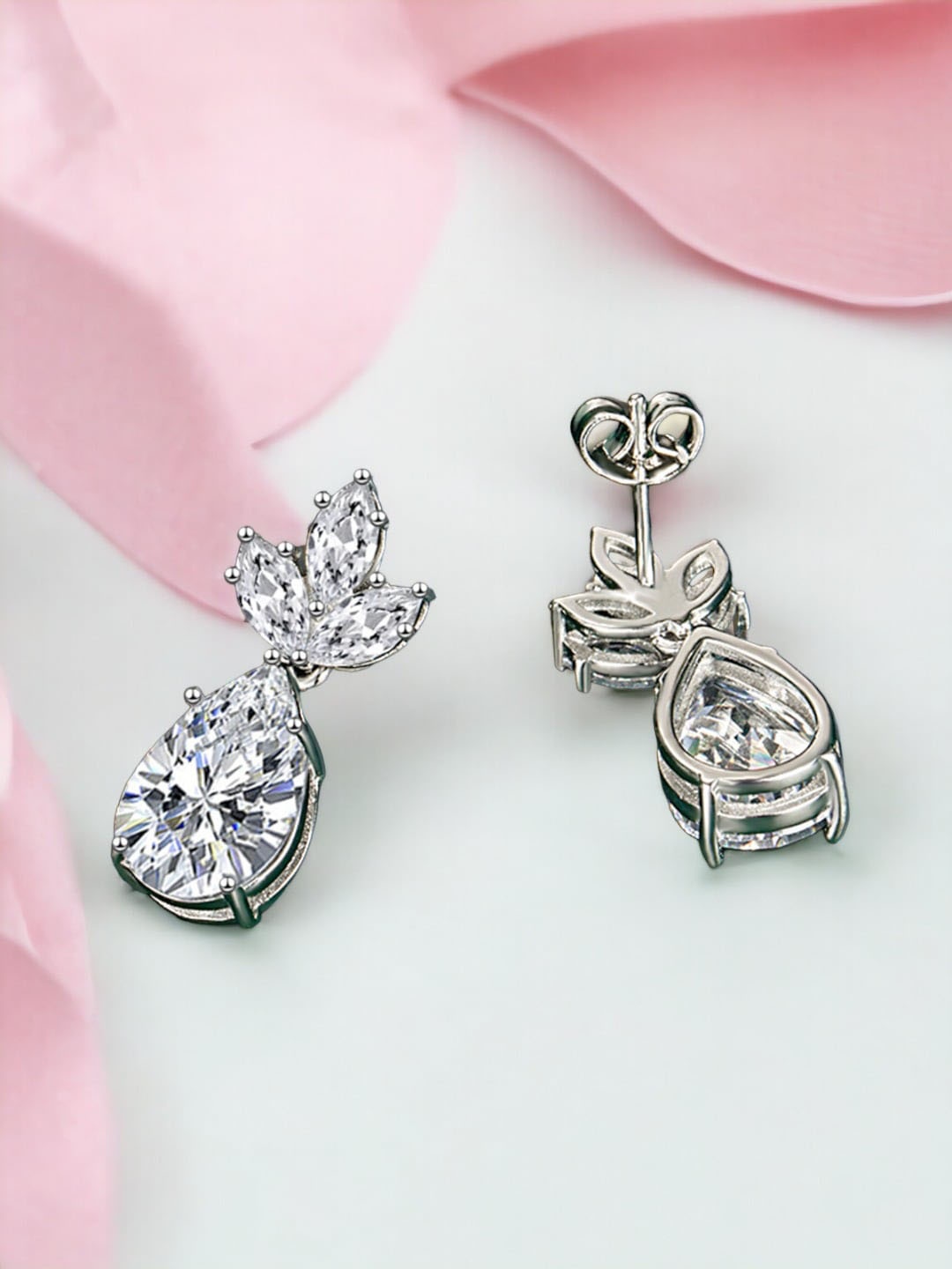 

Designs & You Silver-Plated Cubic Zirconia Teardrop Shaped Drop Earrings