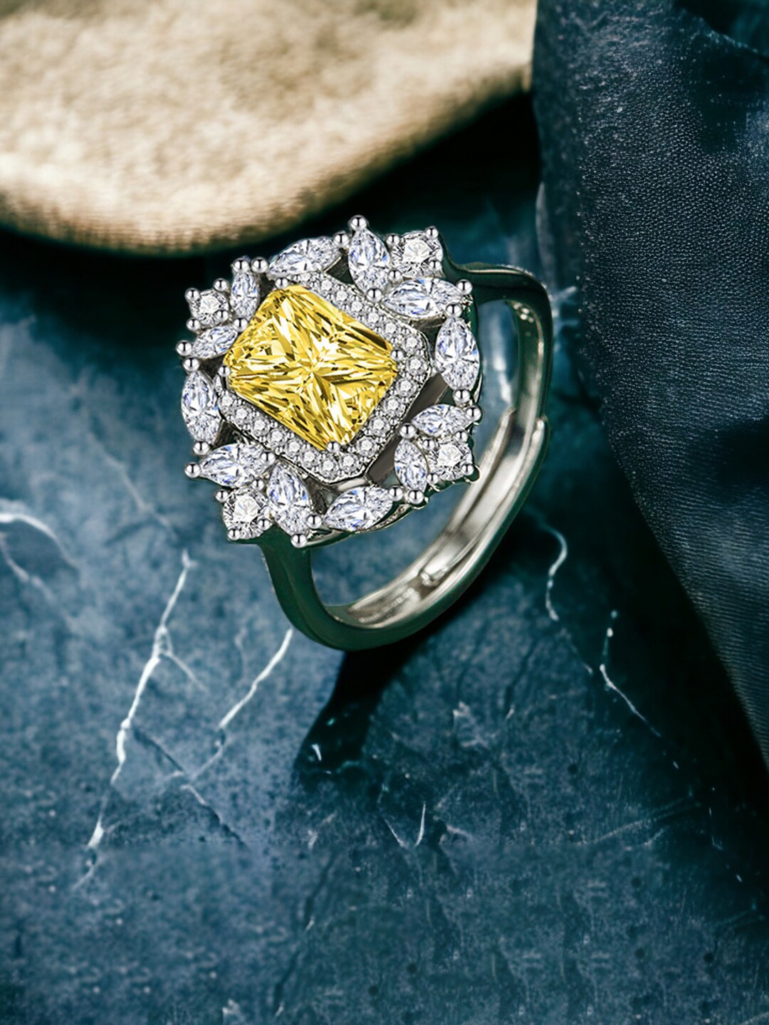 

Designs & You Silver-Plated Cubic Zirconia-Studded Adjustable Finger Ring, Yellow
