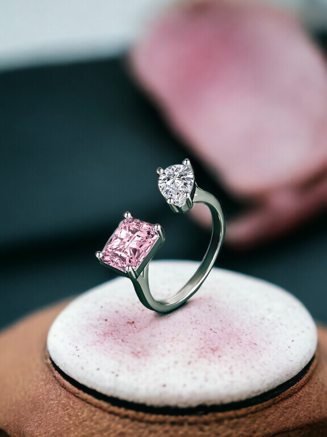 

Designs & You Silver-Plated Cubic Zirconia-Studded Adjustable Finger Ring, Pink