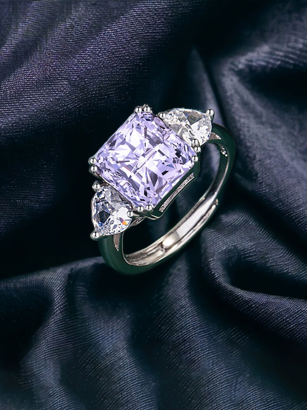 

Designs & You Silver-Plated CZ Stone-Studded Adjustable Finger Ring, Purple