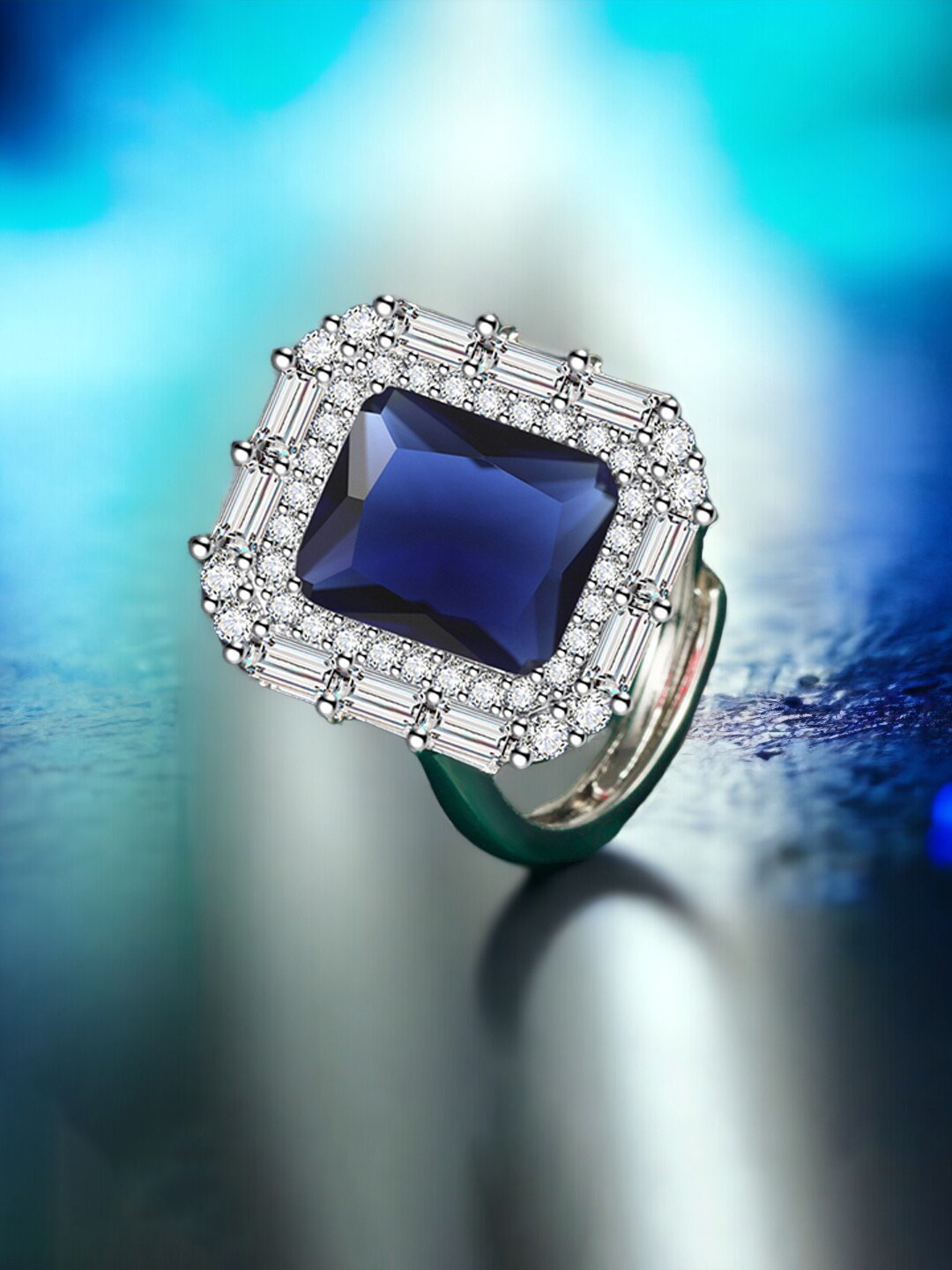 

Designs & You Silver-Plated CZ Stone-Studded Adjustable Finger Ring, Navy blue