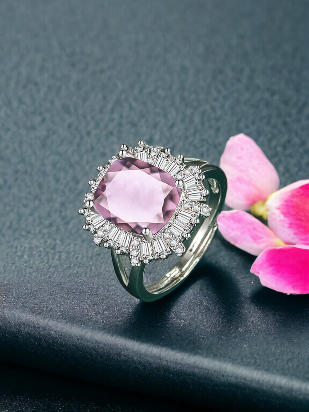 

Designs & You Silver-Plated CZ Stone-Studded Adjustable Finger Ring, Pink