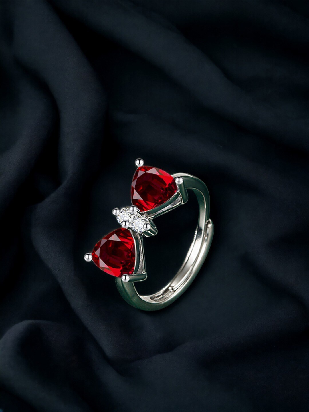 

Designs & You Silver-Plated CZ Stone-Studded Adjustable Finger Ring, Red