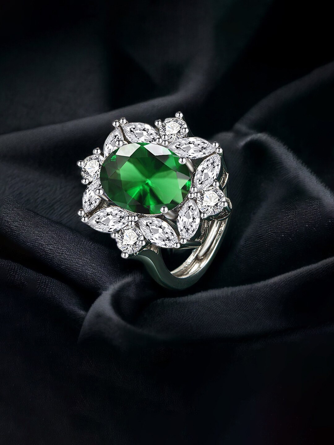 

Designs & You Silver-Plated CZ Stone-Studded Adjustable Finger Ring, Green
