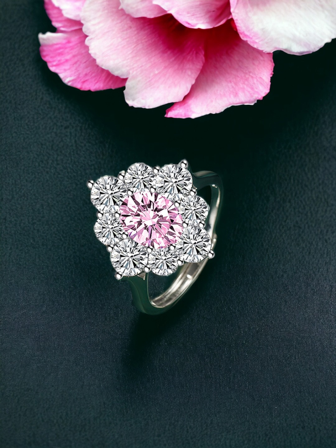 

Designs & You Silver-Plated Cubic Zirconia Studded Adjustable Finger Ring