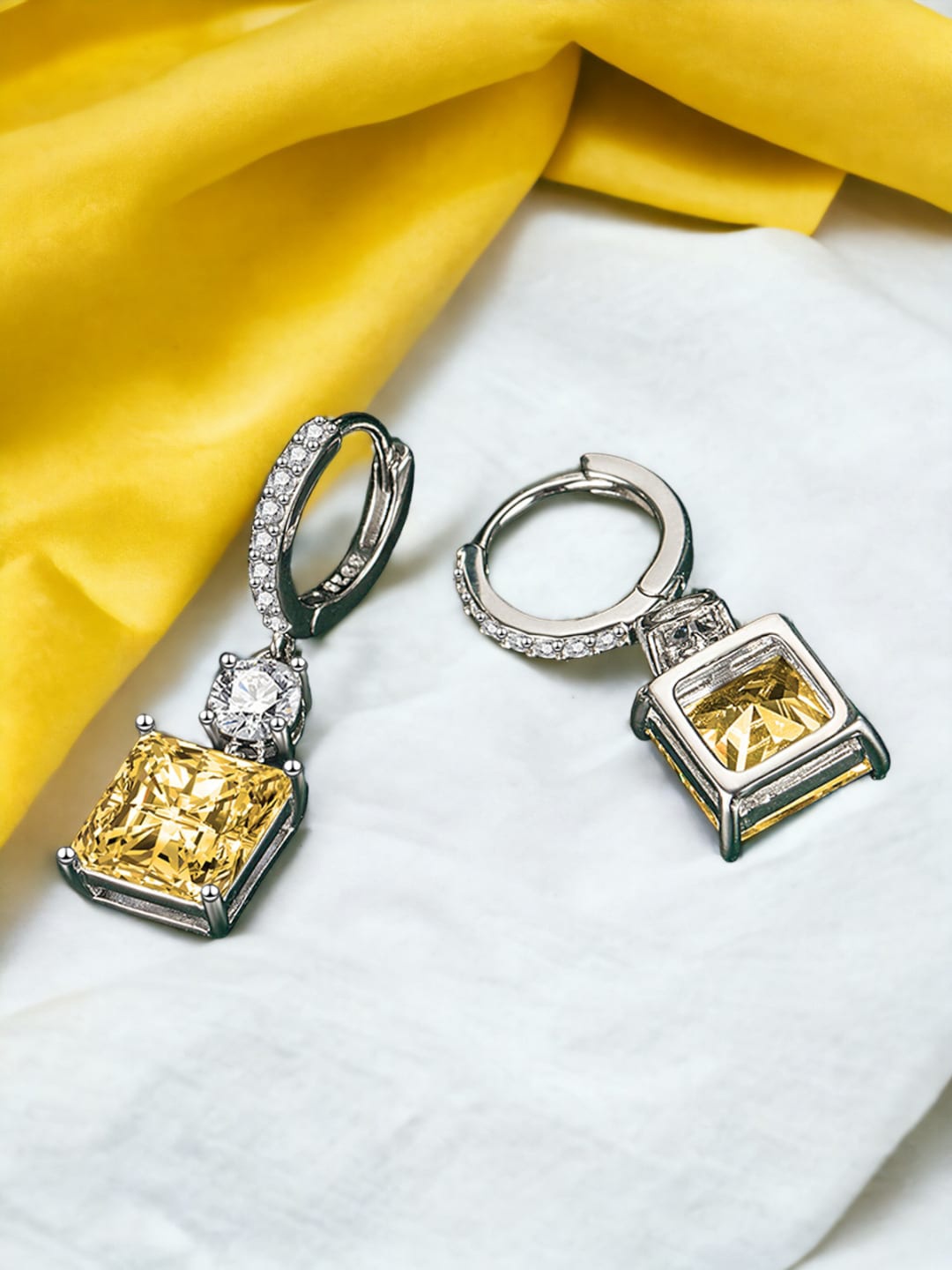 

Designs & You Silver-Plated Cubic Zirconia Studded Square Drop Earrings, Yellow