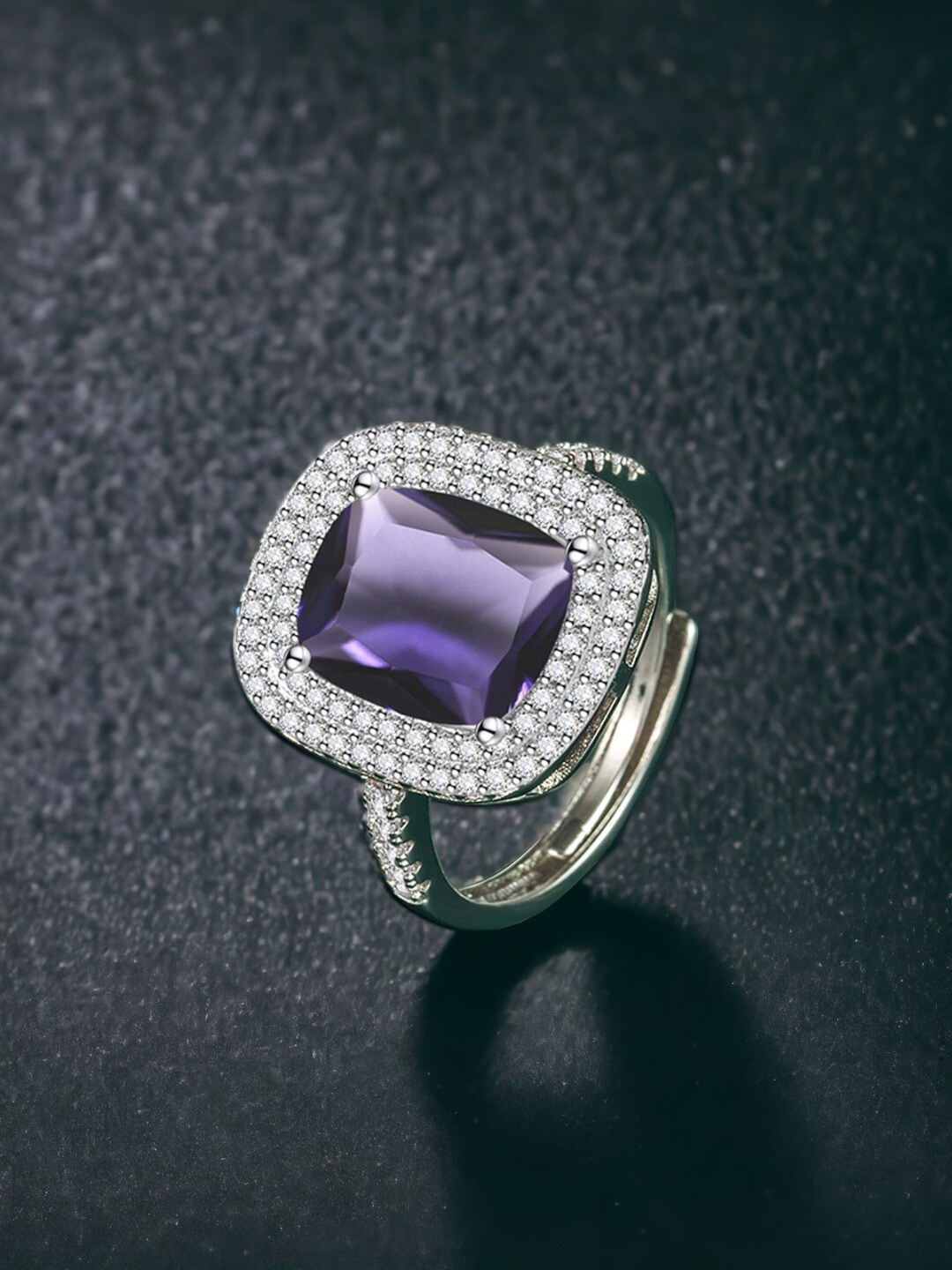 

Designs & You Silver-Plated CZ Stone-Studded Adjustable Brass Finger Ring