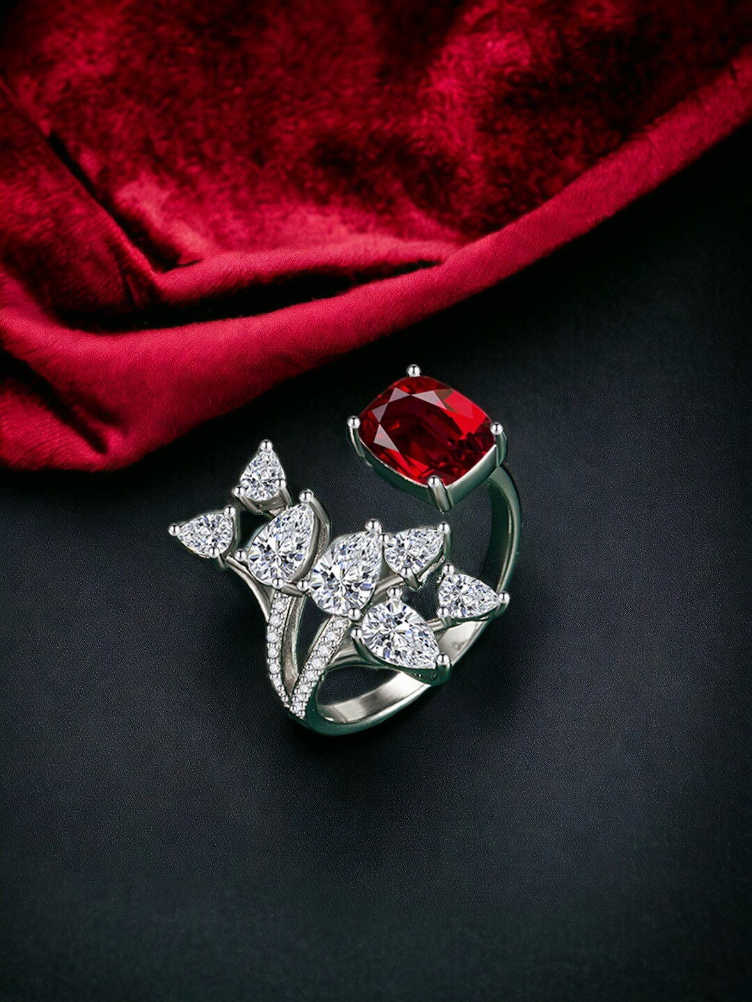 

Designs & You Silver-Plated CZ Stone-Studded Adjustable Finger Ring