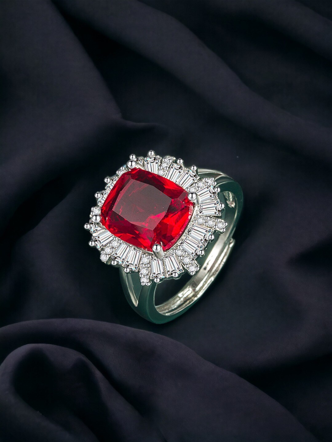 

Designs & You Silver-Plated Cubic Zirconia Stone-Studded Adjustable Finger Ring