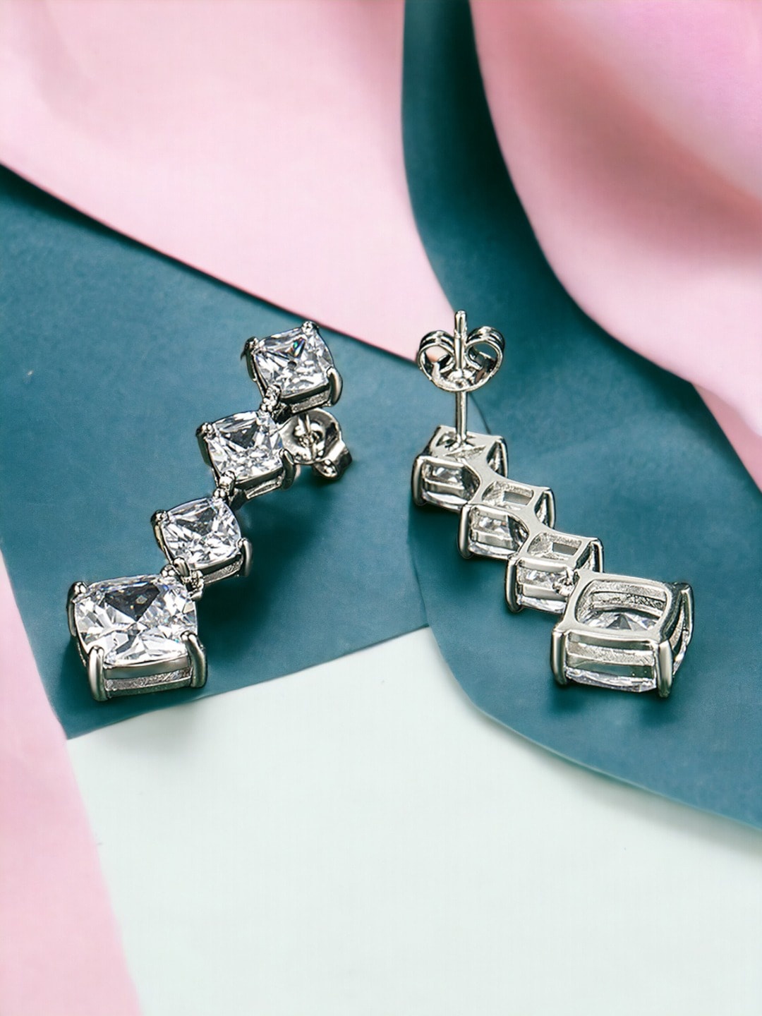 

Designs & You Silver Plated ubic Zirconia Studded Drop Earrings