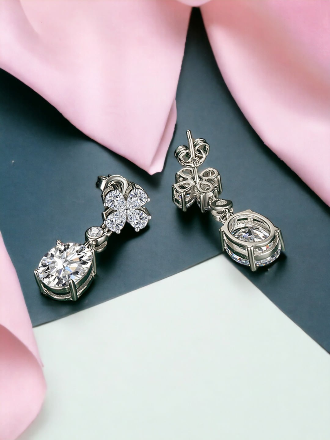 

Designs & You Silver Plated Cubic Zirconia Studded Drop Earrings