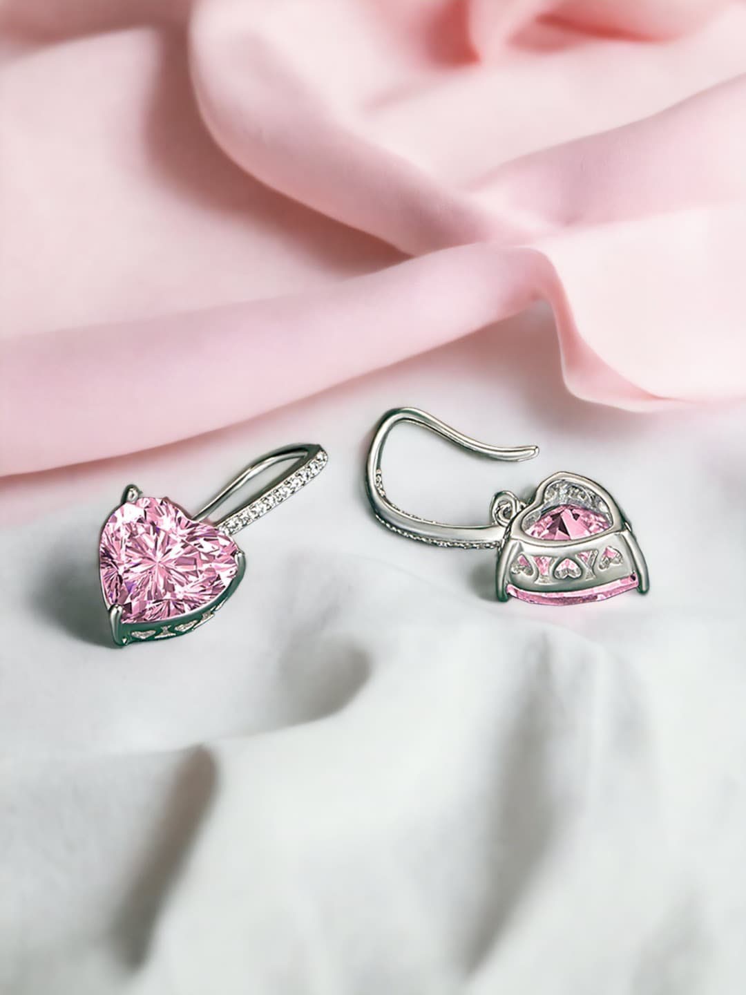 

Designs & You Silver Plated Heart Shaped Cubic Zirconia Drop Earrings, Pink