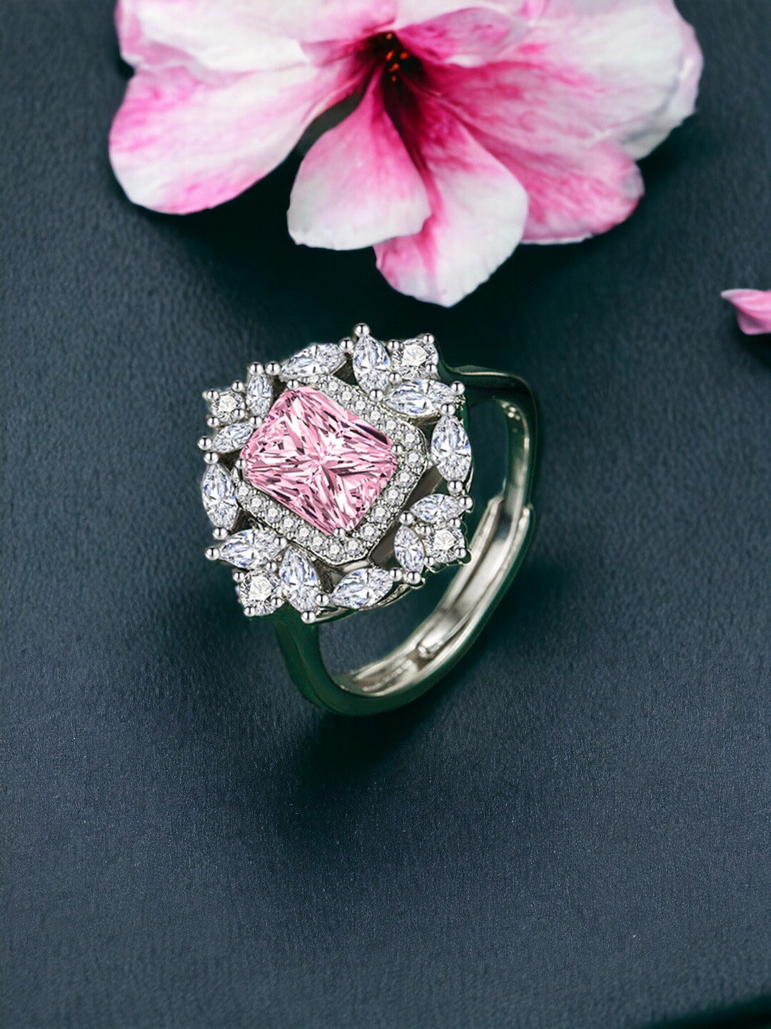 

Designs & You Silver-Plated CZ Stone-Studded Adjustable Finger Ring