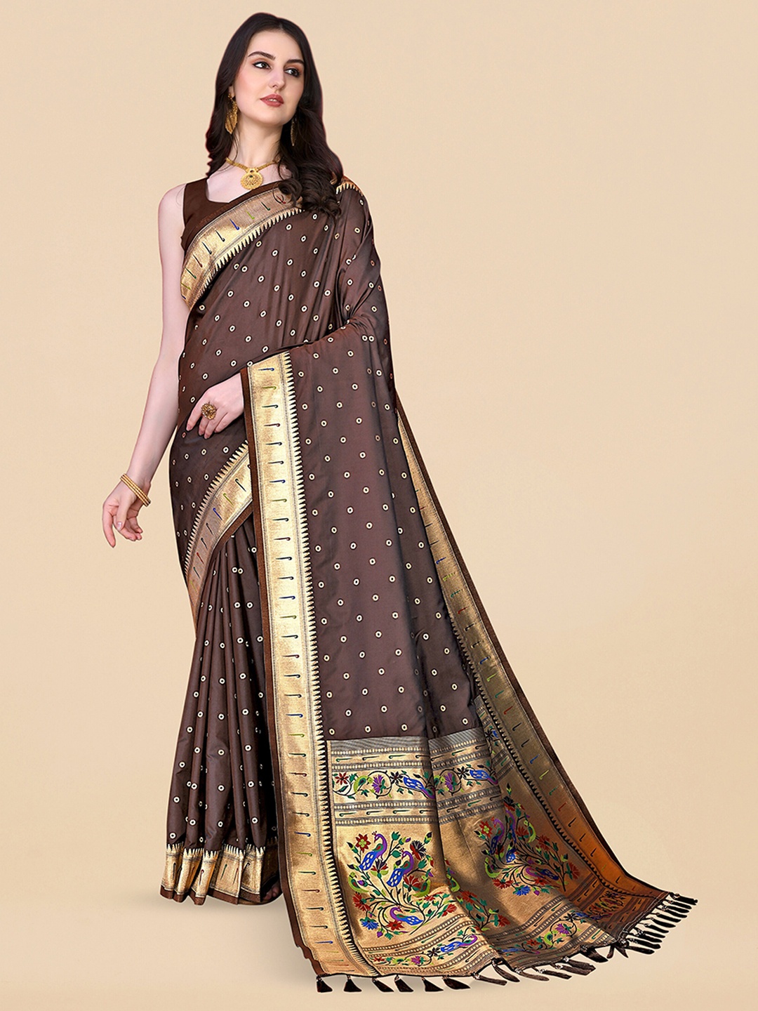 

ZIBLON Ethnic Motifs Woven Design Kanjeevaram Saree, Brown