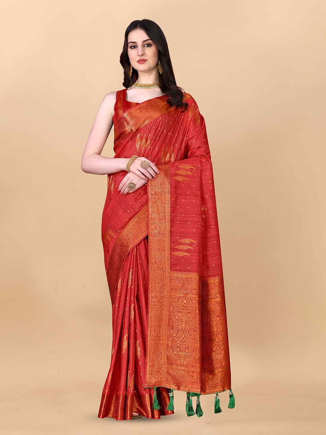 

ZIBLON Ethnic Motifs Woven Design Kanjeevaram Saree, Red